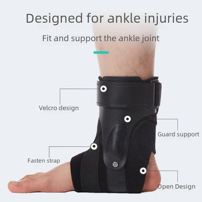 Side view of adjustable ankle brace showing strap and support design
