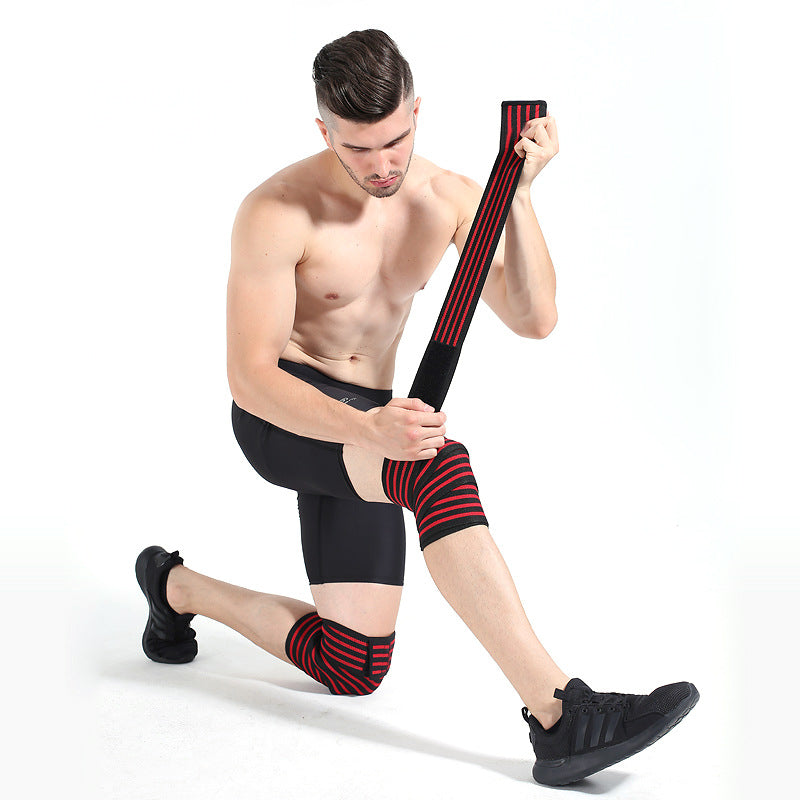 Elastic knee support wrap worn on the knee and upper calf in a wrap-style compression fit