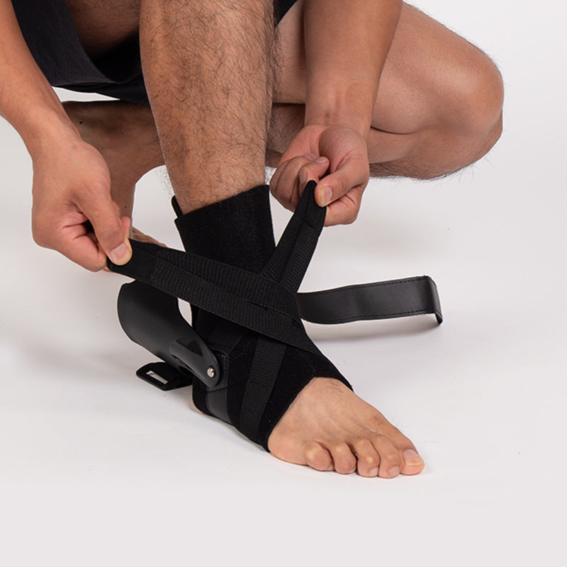 Adjustable ankle brace being wrapped and fastened with hook-and-loop straps