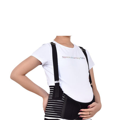 Maternity belly support belt with mesh panel and shoulder straps worn from the front