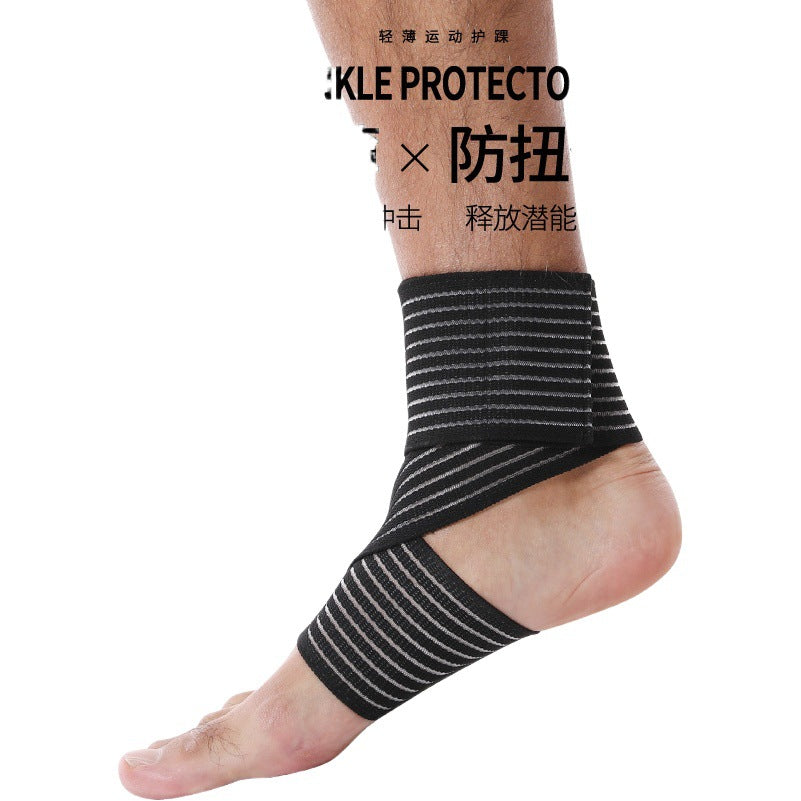 Black elastic ankle support wrap worn on foot showing adjustable wrap fit and ankle coverage