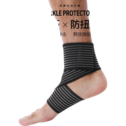 Black elastic ankle support wrap worn on foot showing adjustable wrap fit and ankle coverage