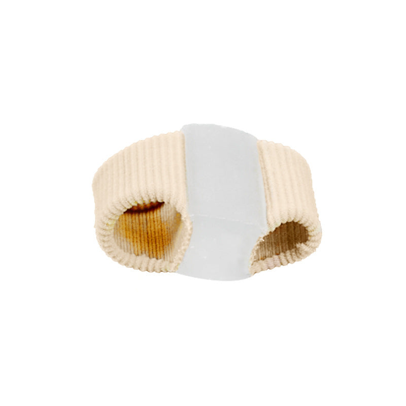Skin tone toe separator support sleeve with double-toe opening on white background
