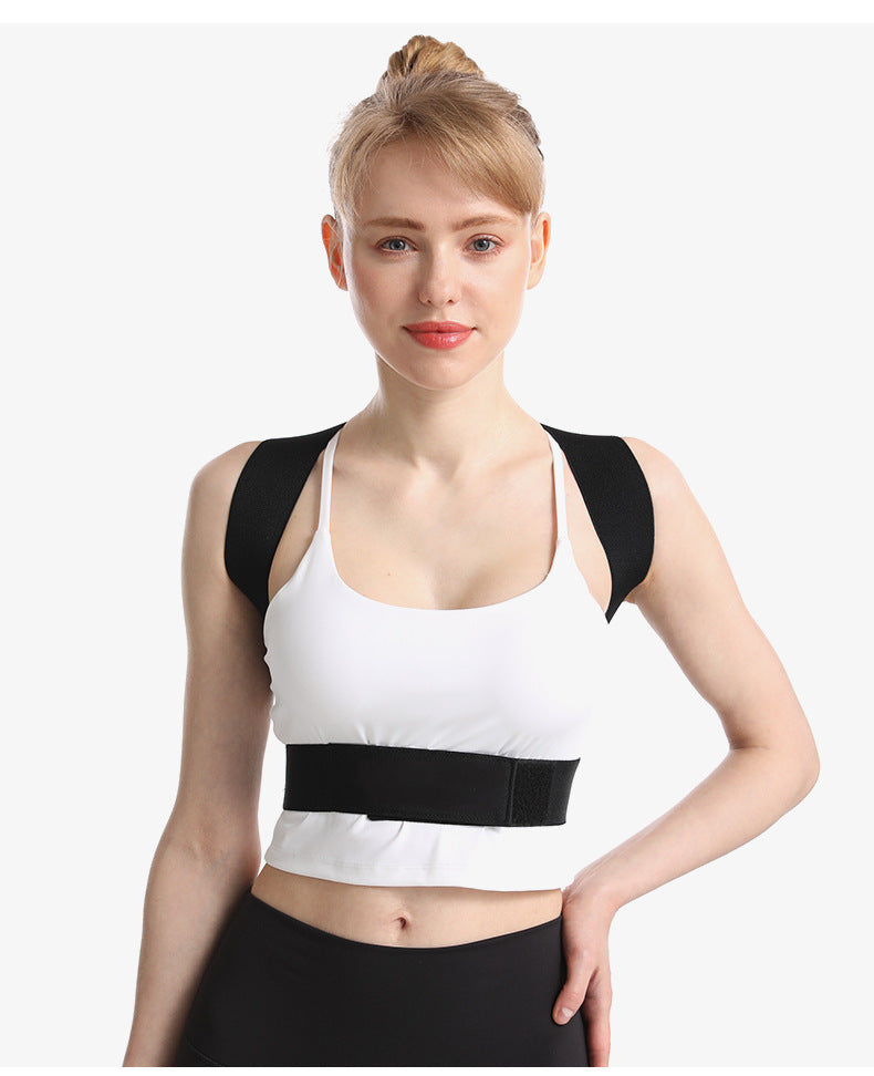 Blue posture support brace on a child showing adjustable cross-back fit