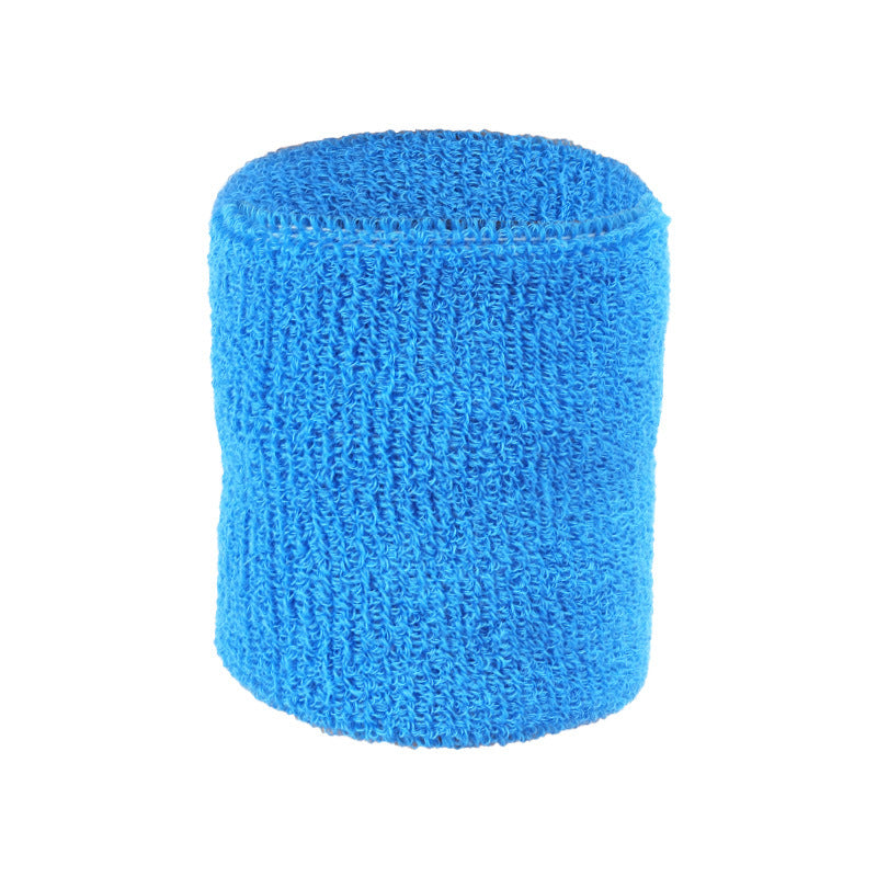 Blue terry cloth sports wrist support band on white background