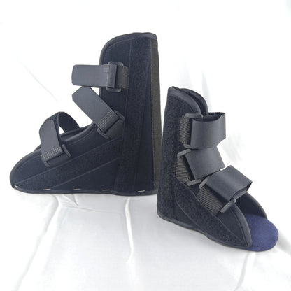 Black foot and ankle support splint boot with adjustable hook and loop straps