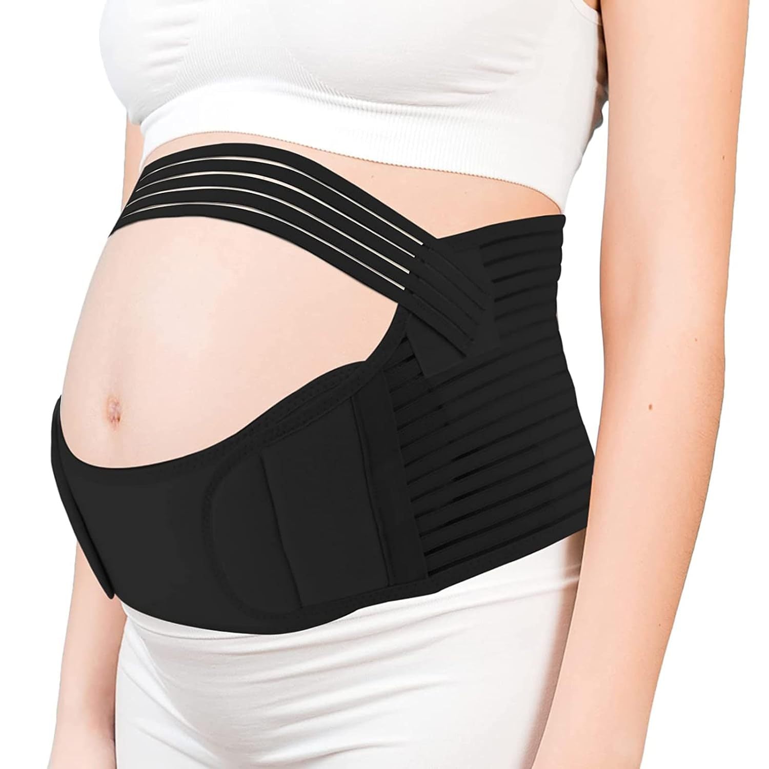 Close-up of black maternity support belt showing layered wrap design and adjustable support straps