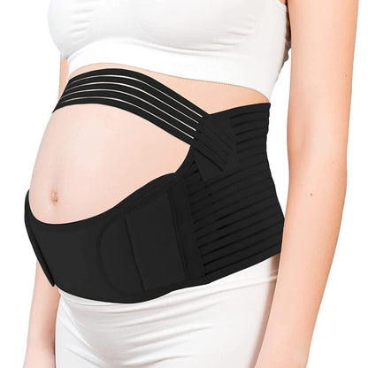 Close-up of black maternity support belt showing layered wrap design and adjustable support straps