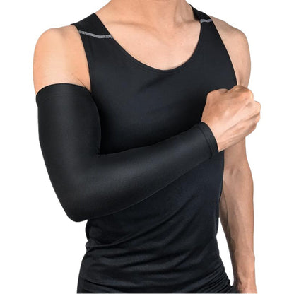 Model wearing a black breathable elbow compression sleeve with extended forearm coverage