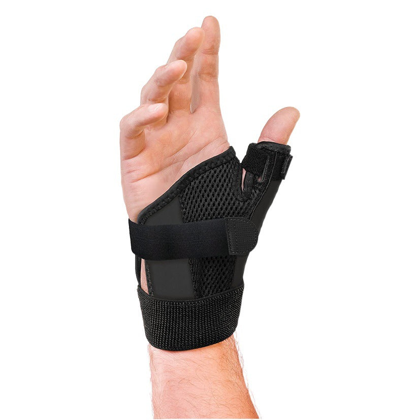 Black thumb wrist brace on hand with breathable mesh, thumb loop, and adjustable wrist strap