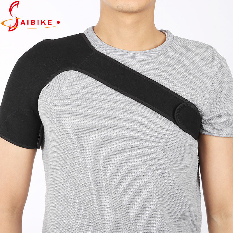 Front view of black shoulder support brace with adjustable single-strap design
