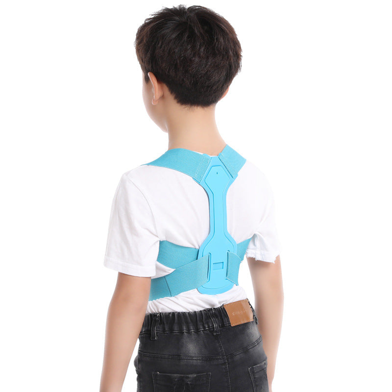 Black posture support brace front view on an adult model