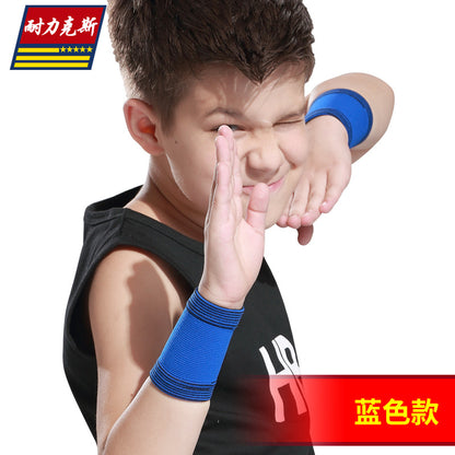 Child wearing blue protective sports sleeves for arms and legs