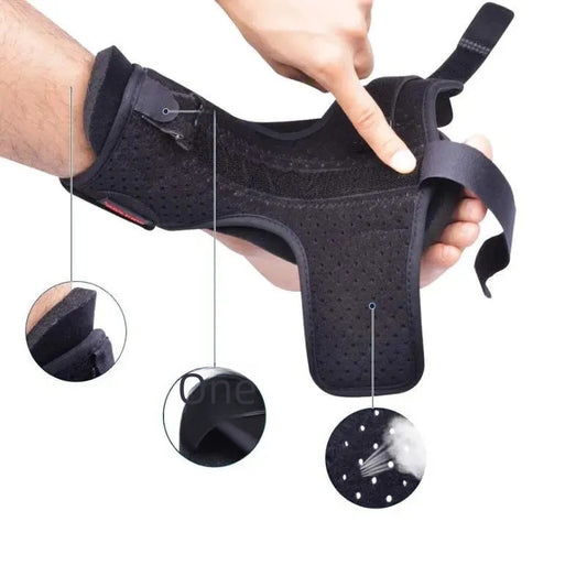 Adjustable black foot drop brace worn on foot with ankle support strap and steel plate structure