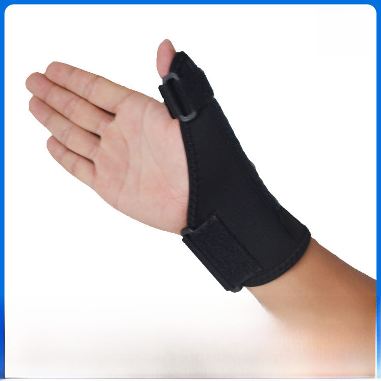 Black thumb wrist support sleeve on hand from alternate angle