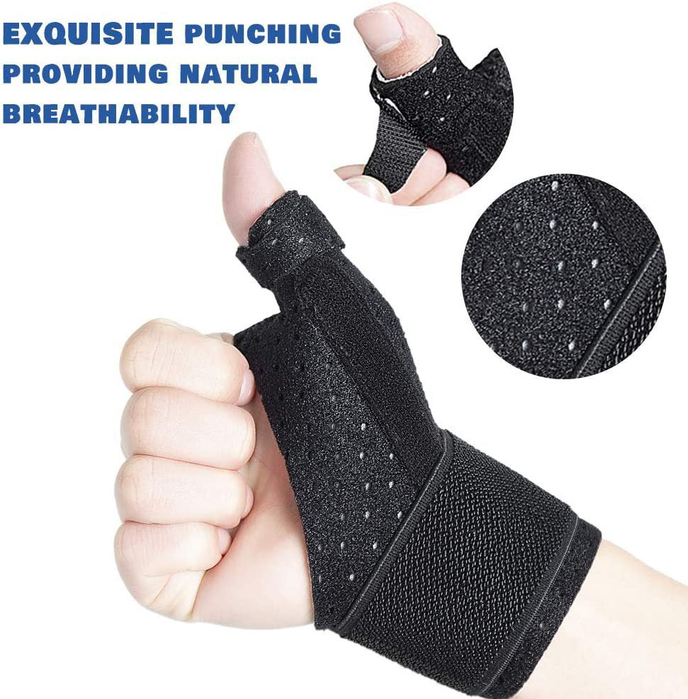 Black thumb wrist brace showing wrap design and thumb support structure