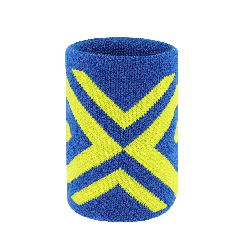 Stretch knit wrist support sleeve in blue and purple striped design
