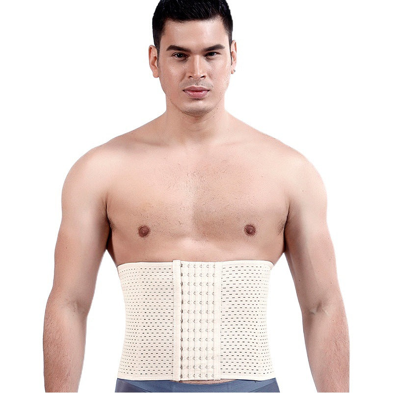 Beige men’s waist support belt worn on model, front view