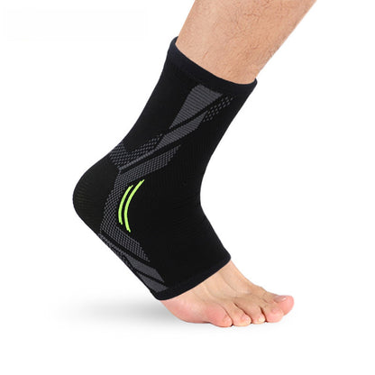 Black knitted ankle support sleeve worn on foot and ankle
