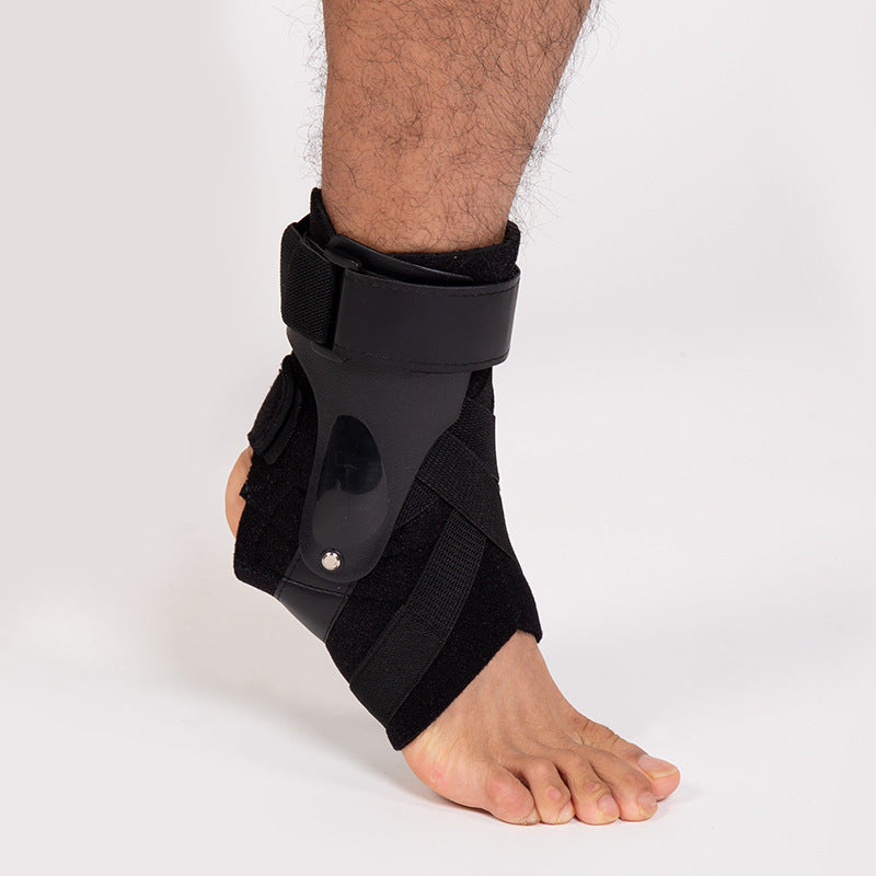 Side view of ankle brace showing supportive shape and adjustable strap design