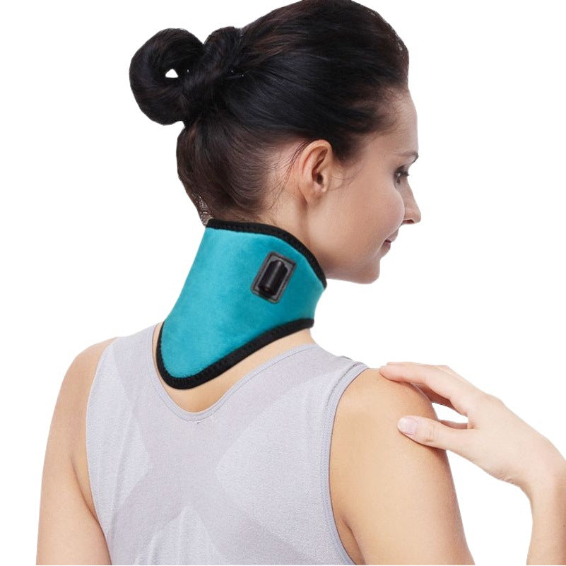 Side view of heated neck support wrap worn around the neck