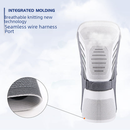Light gray knee support brace with breathable knit construction and adjustable strap