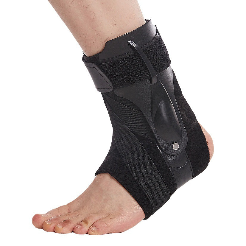 Black adjustable ankle brace with splint support worn on foot