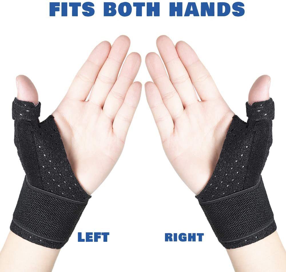 Thumb wrist brace showing left hand and right hand wearing options
