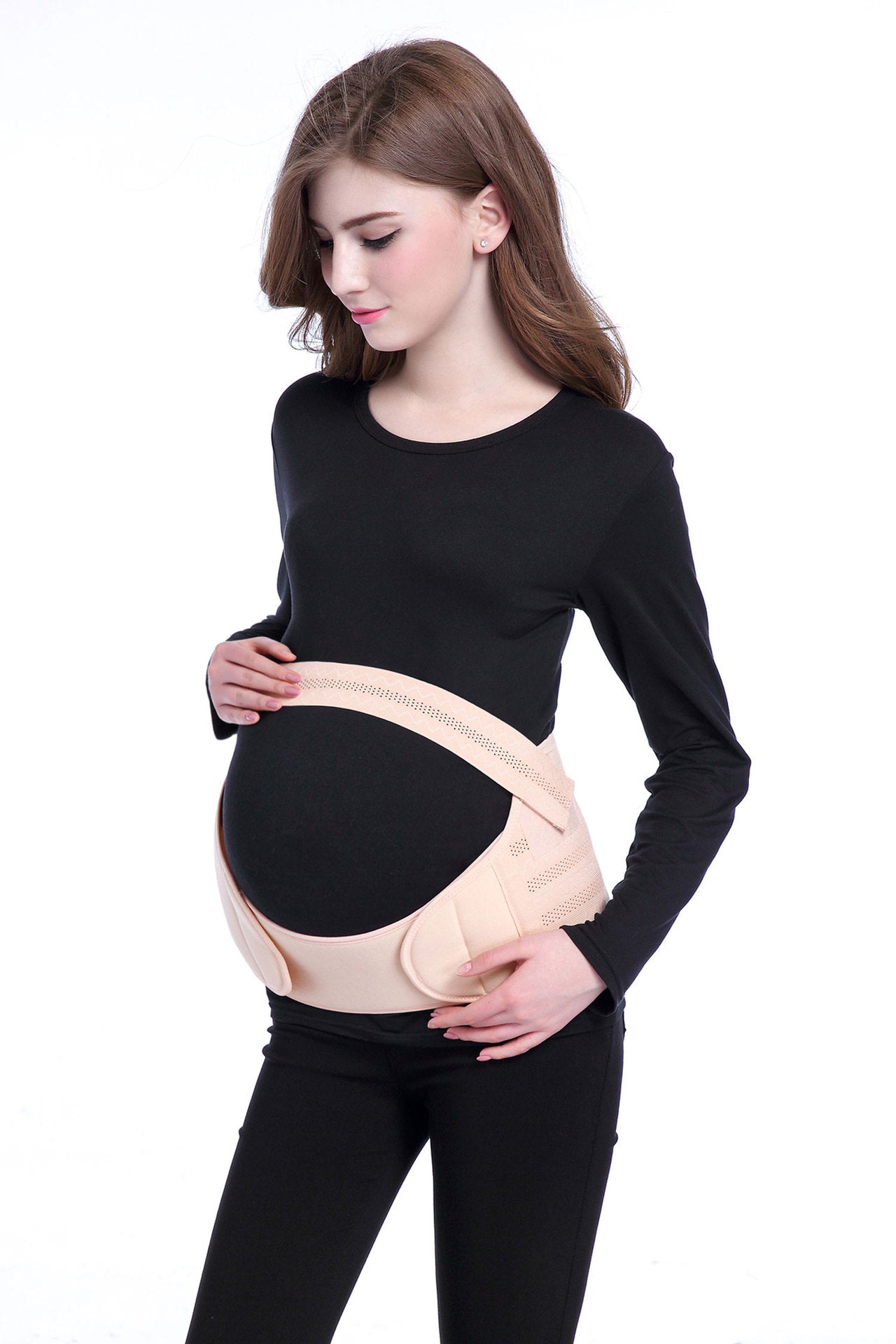 White maternity support belt laid flat showing panel shape and wrap construction