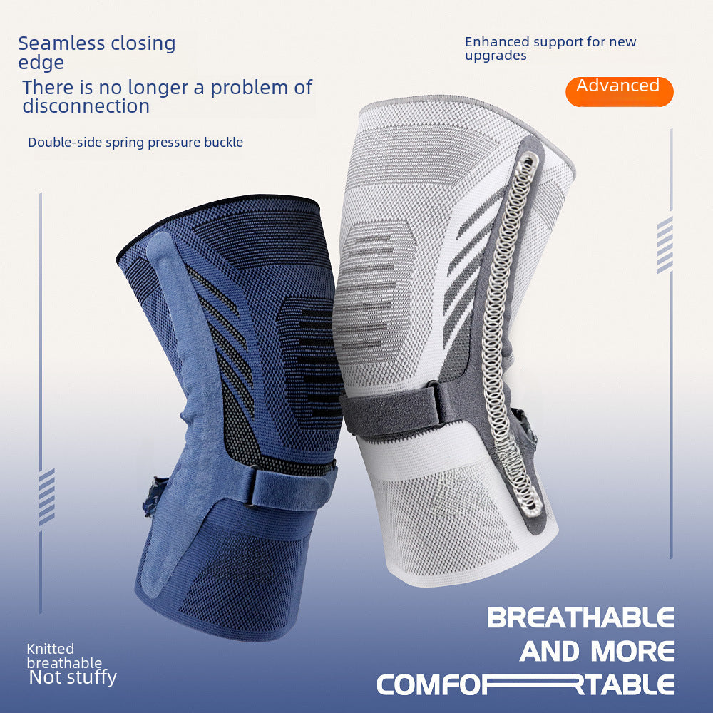 Dark blue knee brace showing compression sleeve design and side support structure