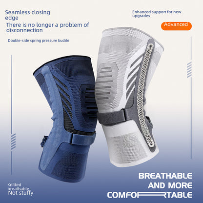 Dark blue knee brace showing compression sleeve design and side support structure