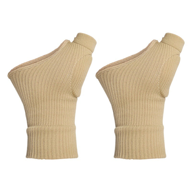 Skin tone knit thumb and wrist support braces with open thumb design on white background