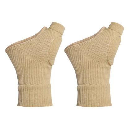 Skin tone knit thumb and wrist support braces with open thumb design on white background