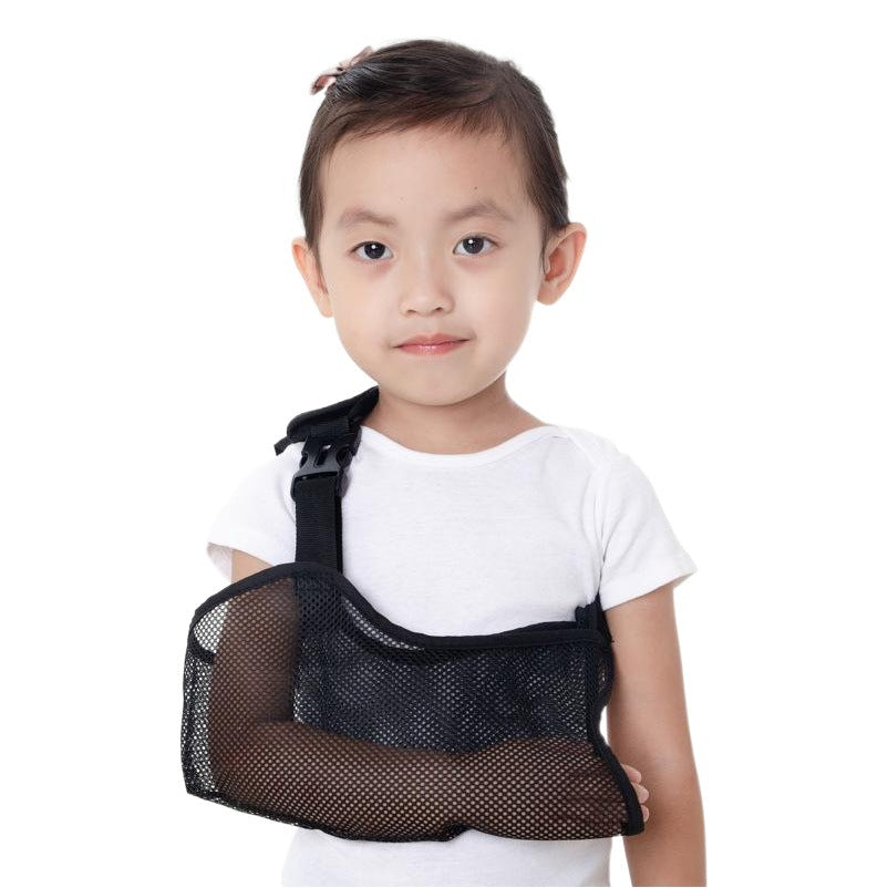 Black kids forearm sling support brace with breathable mesh, adjustable shoulder strap, and buckle closure