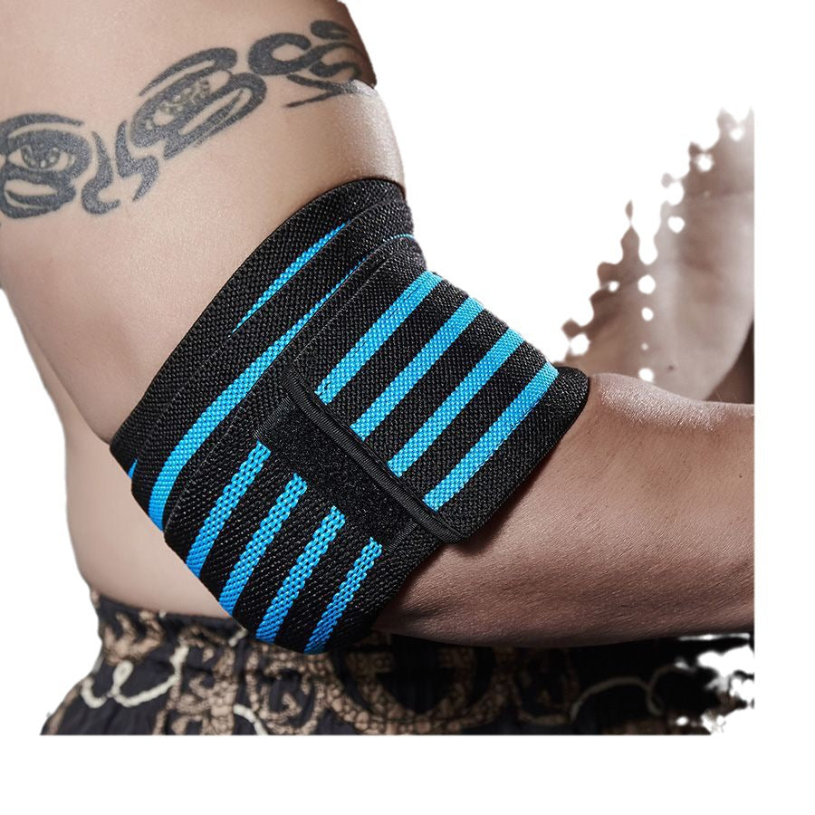 Close-up of elastic wrap-style elbow support brace
