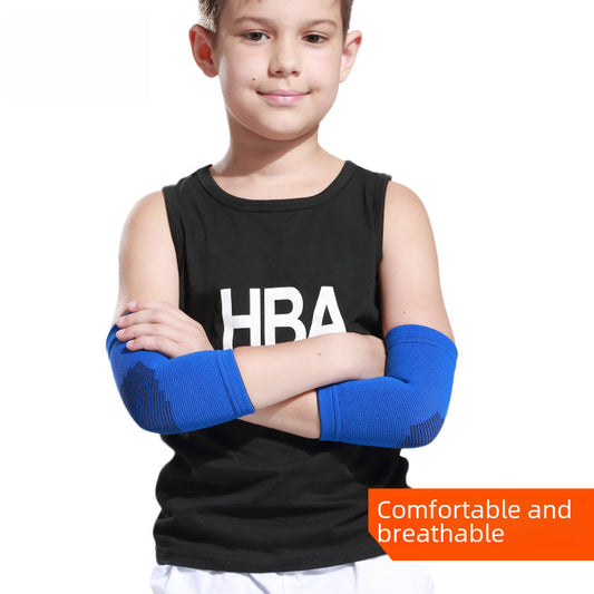 Child wearing blue kids support sleeves on a clean white background