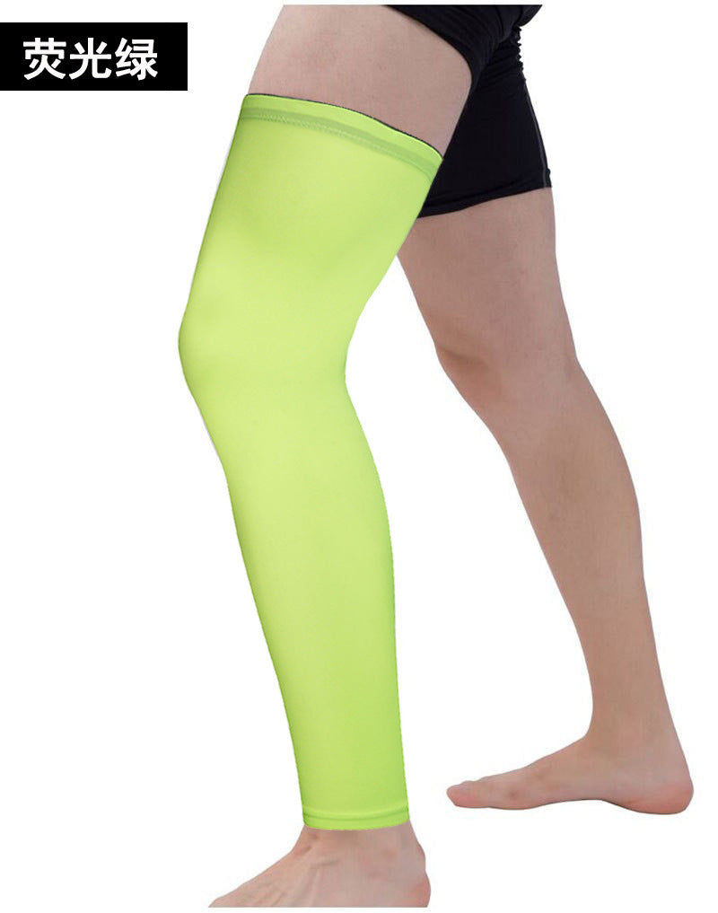 Blue long knee compression sleeve worn on leg