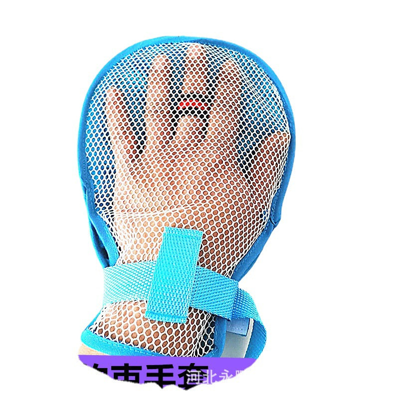 Side angle of blue mesh hand support glove with supportive wrist closure