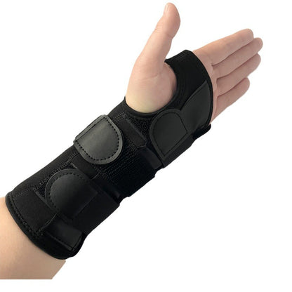 Side view of black thumb wrist brace showing adjustable fit and wrist coverage
