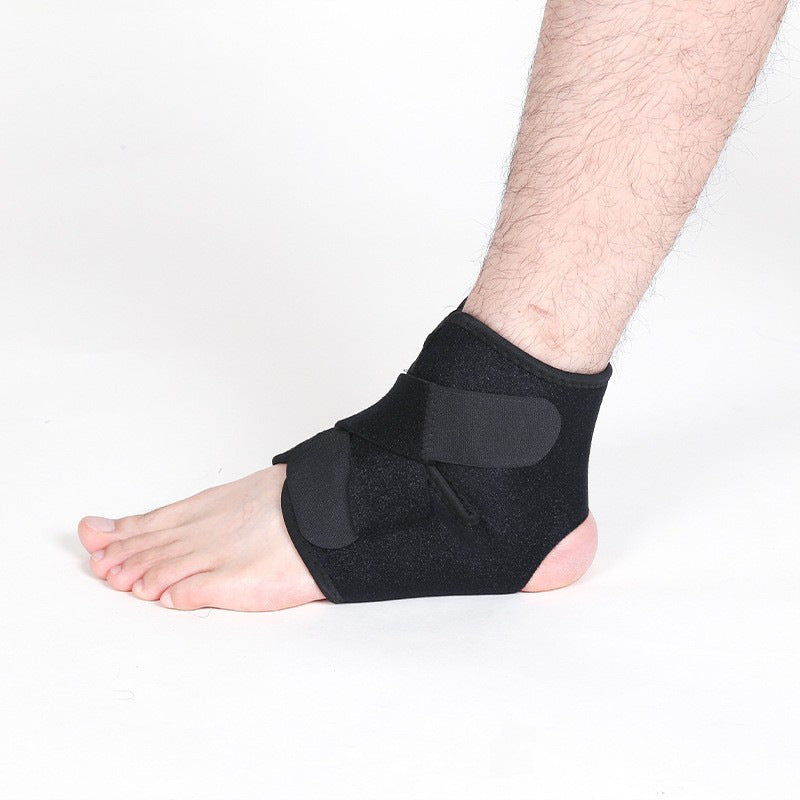 Side view of black ankle support brace with compression wrap design