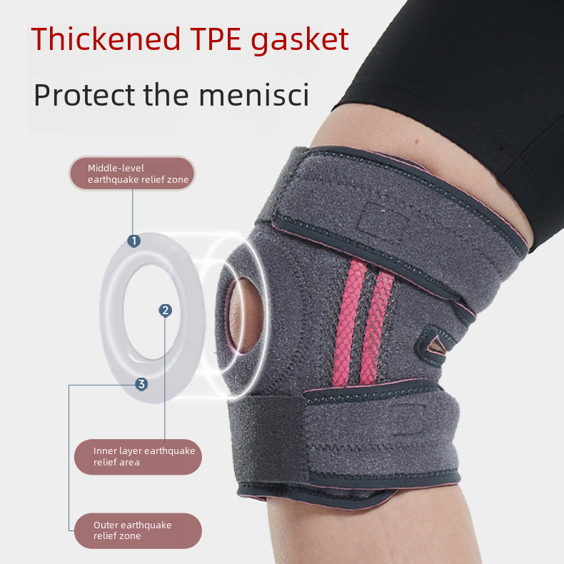 Close view of knee brace support zones, open-patella cutout, and strap structure
