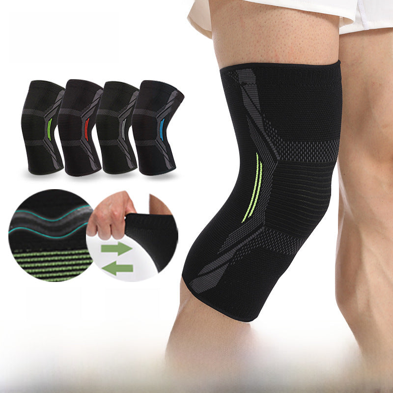 Black gray knee support sleeve worn on leg with size guide
