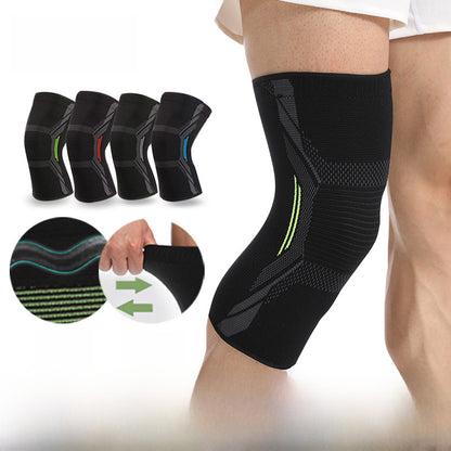 Black gray knee support sleeve worn on leg with size guide