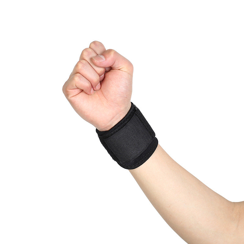 Side view of black thumb wrist brace showing wrap-around strap structure