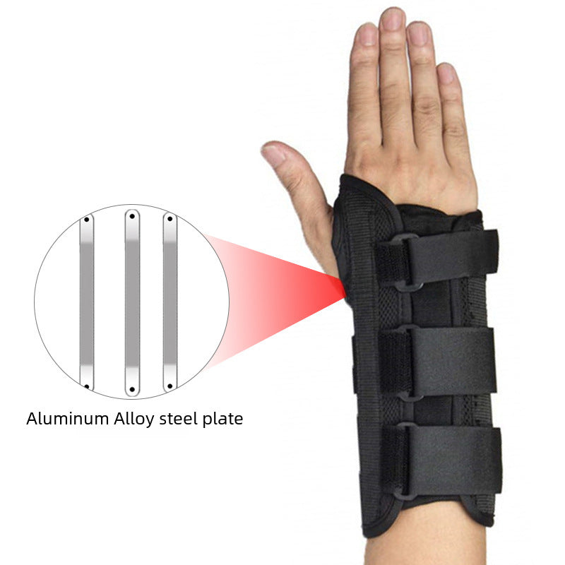 Beige thumb wrist brace with forearm support worn on hand