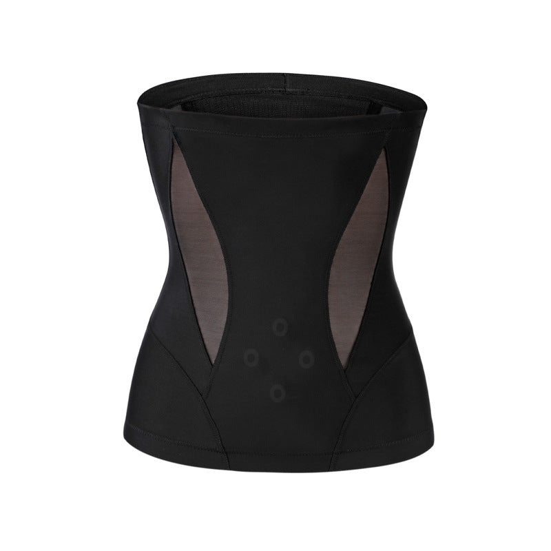 Black postpartum belly support belt with high-waist design and breathable side mesh panels on white background