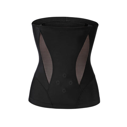 Black postpartum belly support belt with high-waist design and breathable side mesh panels on white background