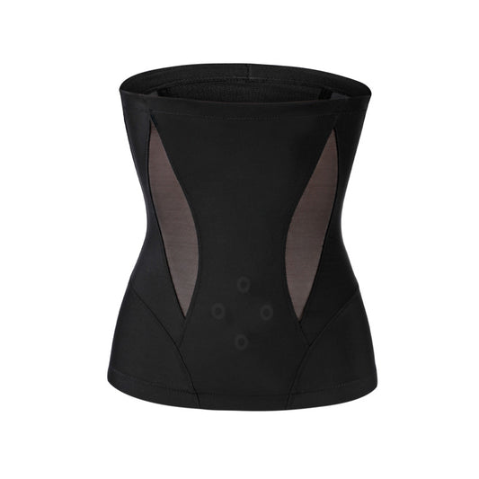Black postpartum belly support belt with high-waist design and breathable side mesh panels on white background