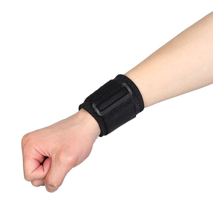 Front view of compact black wrist brace with thumb support design