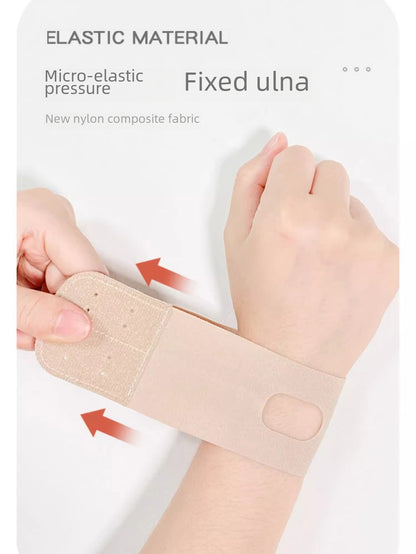 Black thumb wrist brace sleeve worn on wrist showing adjustable wrap support
